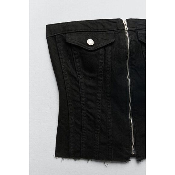 NWT Zara Black Corset Style Front Zip Closure Frayed Hem Fitted Denim Top, Large - Picture 12 of 16